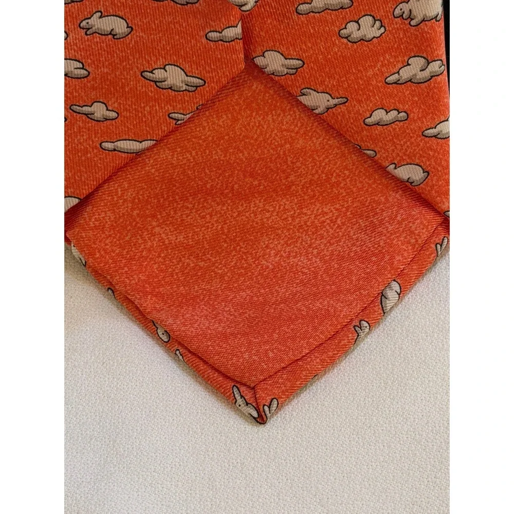 Hermes Silk Tie Mens OS Orange Pristine Cloud Rabbit Pattern